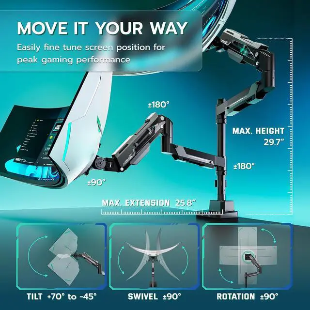 Alt view image 5 of 7 - Heavy Duty Gas Spring Dual Monitor Mount, Adjustable Stacked Desk Mount for 2 Ultrawide Screens up to 57 Inch with USB A/C Charging Ports, VESA 75/100/200mm Mount, Black