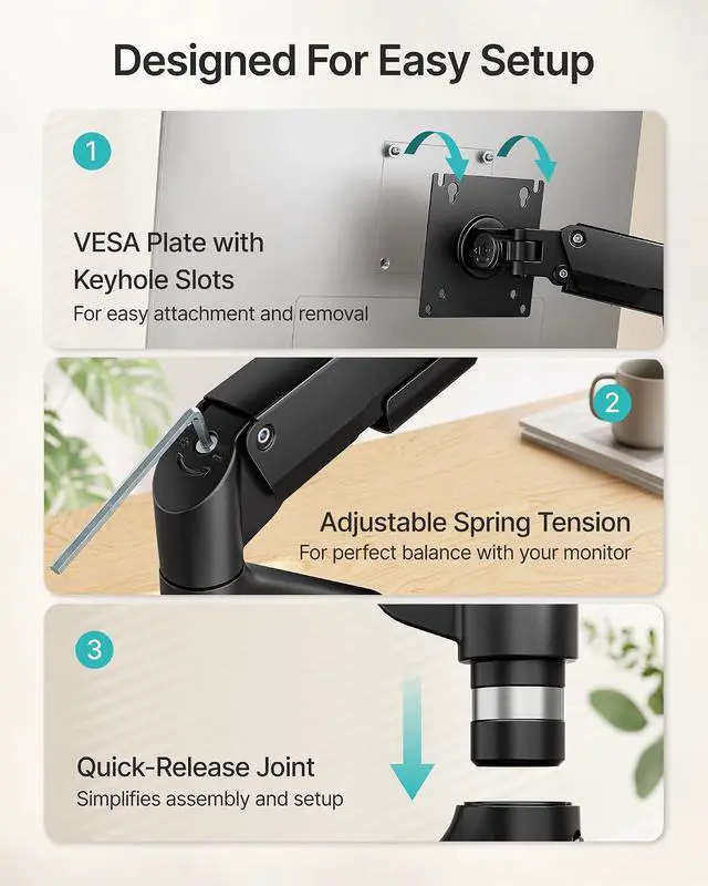 Alt view image 6 of 7 - Single Monitor Arm, 17-32 Inch Monitor Mount with Clamp and Grommet Base, Ultrawide Monitor Stand Holds up to 19.8 lbs, 75/100mm VESA Mount Full Motion Desk Mount for Home Office Gaming