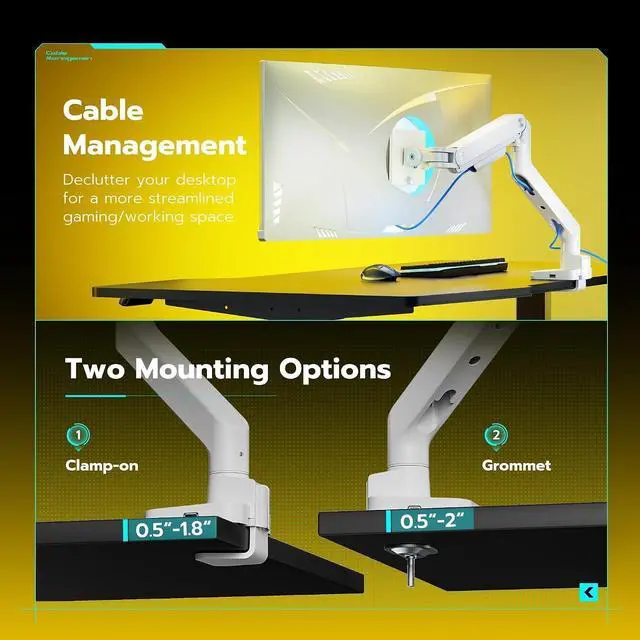 Alt view image 7 of 7 - Ultrawide Monitor Arms White with USB A/C, Heavy Duty Monitor Arm for 17 to 49 inch Screen, Holds 44 lbs, Adjustable Gas Spring Desk Mount with Clamp and Grommet Base