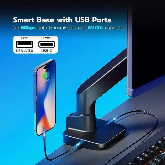 Alt view image 5 of 7 - Ultrawide Monitor Arm with USB A/C, for 17 to 49 inch Heavy Duty Screen, Holds 44 lbs, Adjustable Gas Spring Arm Desk Mount with Clamp and Grommet Base, Black