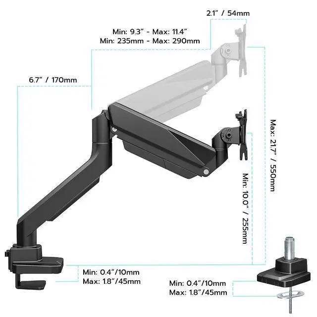Alt view image 2 of 7 - Ultrawide Monitor Arm, Heavy Duty Single Monitor Mount for 13"-49" Curved Screens, Adjustable Stand for Desk with C-clamp & Grommet Base up to 40 LBS, Black