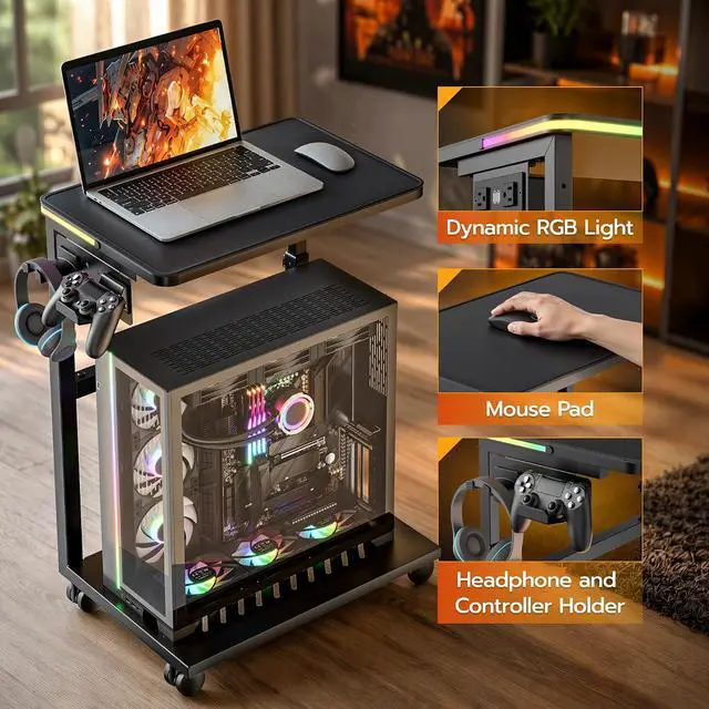 Alt view image 6 of 7 - Height Adjustable Computer Tower Stand with RGB LED Light & USB Charging Port, Under Desk Mobile PC Stand, CPU Holder Cart with Locking Caster Wheels for Home Office, Gaming, 21.65"-33.5" H