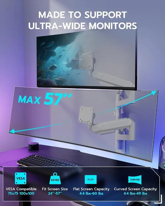 Alt view image 2 of 7 - Dual Monitor Wall Mount for 24-57 Inch Ultrawide Screens, Premium Heavy Duty Monitor Arm Holds 60 lbs, Full Motion Gas Spring, Bearing Head for Easy Adjustment, 75/100 VESA Mount, White