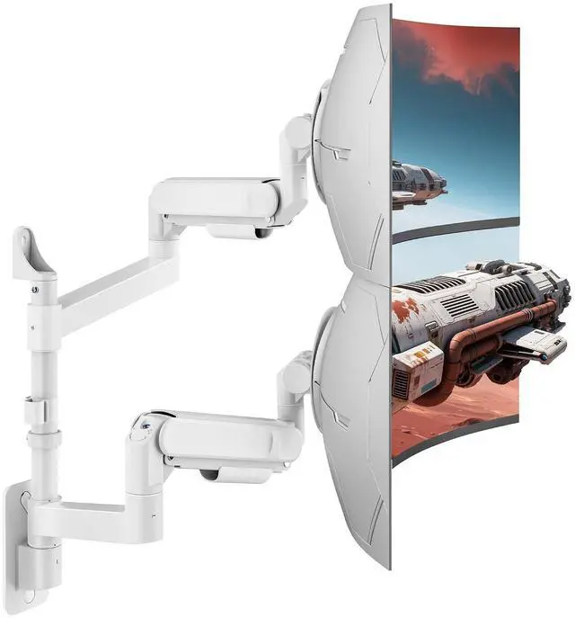 Main image of Dual Monitor Wall Mount for 24-57 Inch Ultrawide Screens, Premium Heavy Duty Monitor Arm Holds 60 lbs, Full Motion Gas Spring, Bearing Head for Easy Adjustment, 75/100 VESA Mount, White