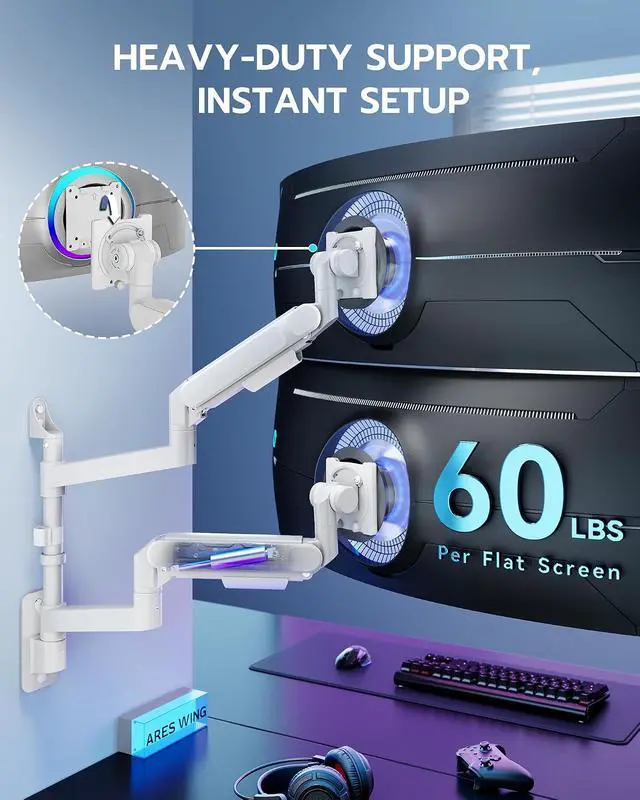 Alt view image 3 of 7 - Dual Monitor Wall Mount for 24-57 Inch Ultrawide Screens, Premium Heavy Duty Monitor Arm Holds 60 lbs, Full Motion Gas Spring, Bearing Head for Easy Adjustment, 75/100 VESA Mount, White