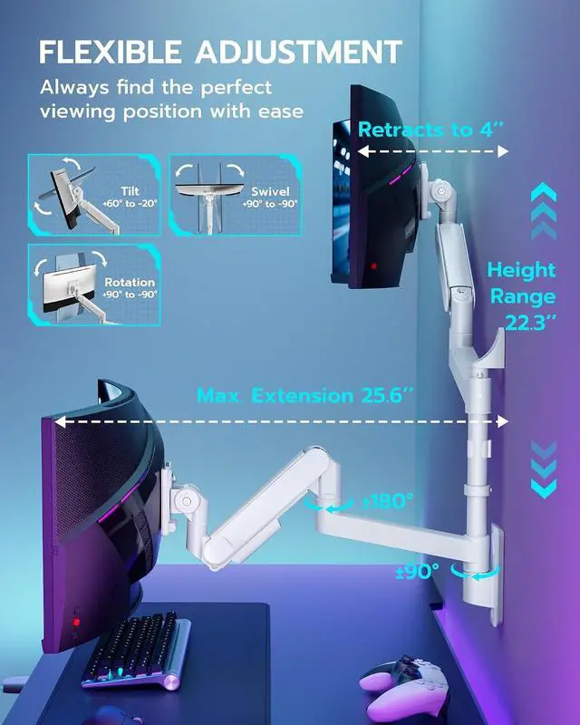 Alt view image 6 of 7 - Dual Monitor Wall Mount for 24-57 Inch Ultrawide Screens, Premium Heavy Duty Monitor Arm Holds 60 lbs, Full Motion Gas Spring, Bearing Head for Easy Adjustment, 75/100 VESA Mount, White