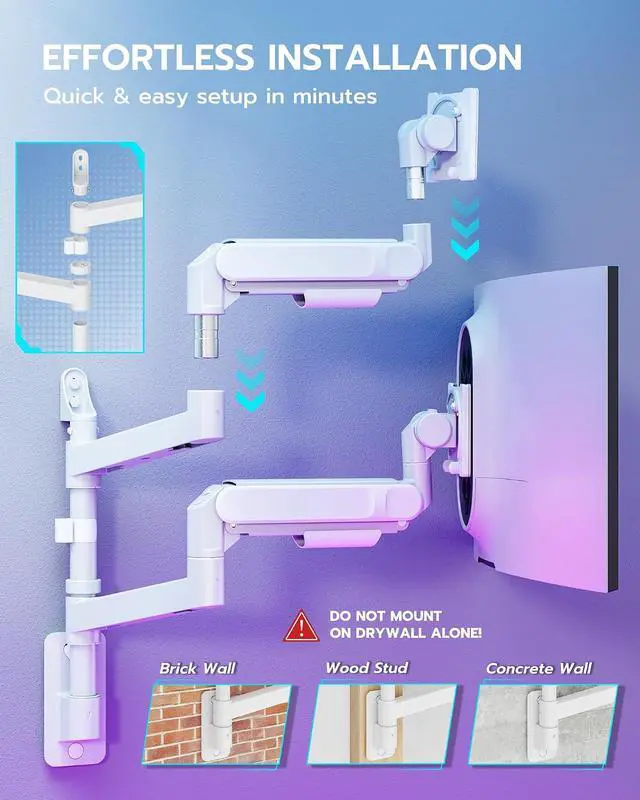 Alt view image 7 of 7 - Dual Monitor Wall Mount for 24-57 Inch Ultrawide Screens, Premium Heavy Duty Monitor Arm Holds 60 lbs, Full Motion Gas Spring, Bearing Head for Easy Adjustment, 75/100 VESA Mount, White
