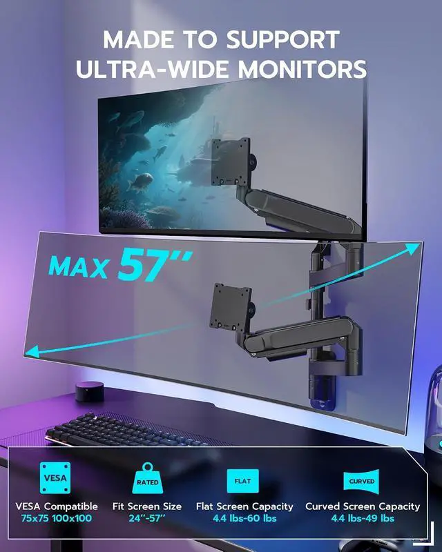 Alt view image 2 of 7 - Dual Monitor Wall Mount for 24-57 Inch Ultrawide Screens, Premium Heavy Duty Monitor Arm Holds 60 lbs, Full Motion Gas Spring, Bearing Head for Easy Adjustment, 75/100 VESA Mount, Black
