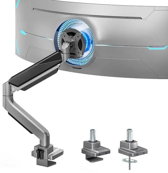 Main image of Ultrawide Monitor Arm, Heavy Duty Single Monitor Mount for 13"-49" Curved Screens, Adjustable Stand for Desk with C-clamp & Grommet Base up to 40 LBS, Gray