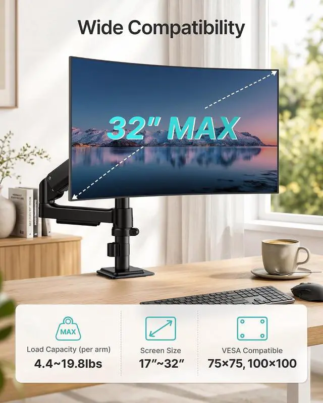 Alt view image 2 of 7 - Single Monitor Arm, 17-32 Inch Monitor Mount with Clamp and Grommet Base, Gas Spring Single Monitor Stand Holds up to 19.8 lbs, Full Motion Desk Mount with Cable Management for Home