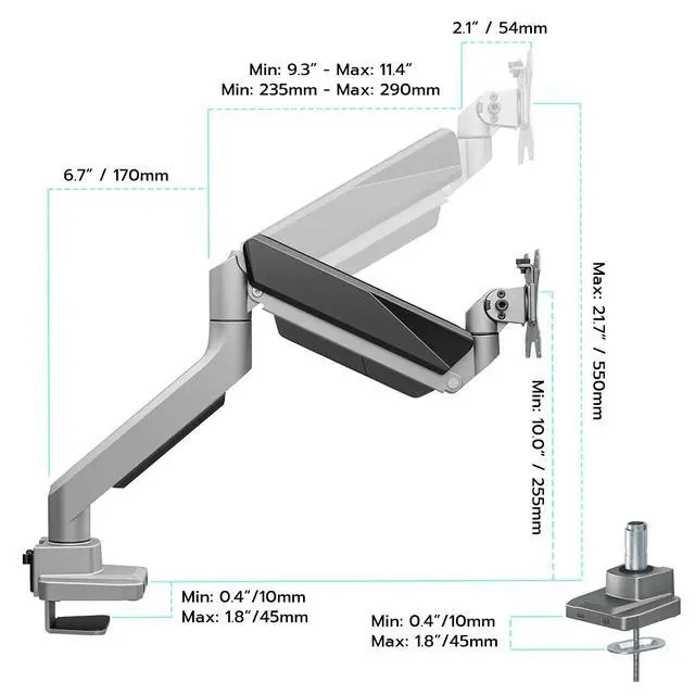 Alt view image 2 of 7 - Ultrawide Monitor Arm, Heavy Duty Single Monitor Mount for 13"-49" Curved Screens, Adjustable Stand for Desk with C-clamp & Grommet Base up to 40 LBS, Gray