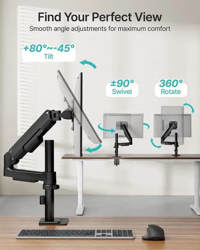 Alt view image 3 of 7 - Single Monitor Arm, 17-32 Inch Monitor Mount with Clamp and Grommet Base, Gas Spring Single Monitor Stand Holds up to 19.8 lbs, Full Motion Desk Mount with Cable Management for Home