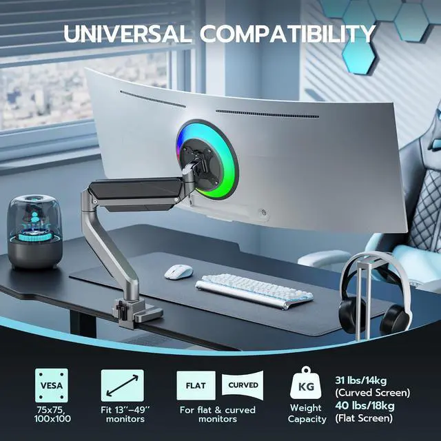 Alt view image 4 of 7 - Ultrawide Monitor Arm, Heavy Duty Single Monitor Mount for 13"-49" Curved Screens, Adjustable Stand for Desk with C-clamp & Grommet Base up to 40 LBS, Gray