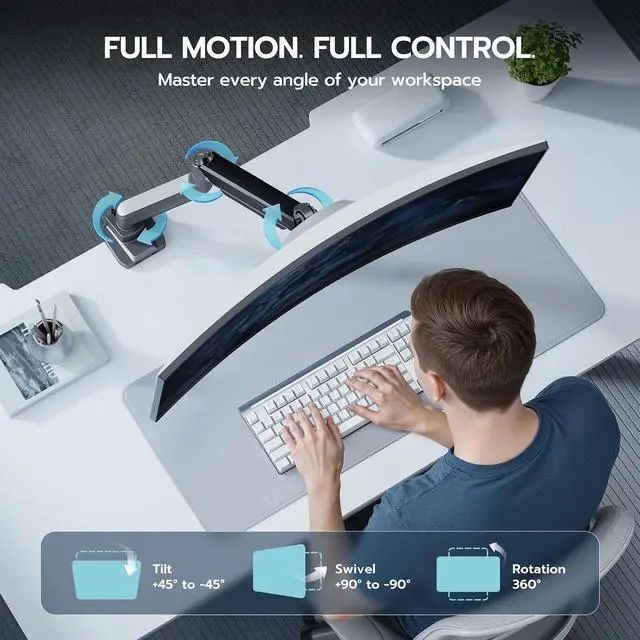Alt view image 5 of 7 - Ultrawide Monitor Arm, Heavy Duty Single Monitor Mount for 13"-49" Curved Screens, Adjustable Stand for Desk with C-clamp & Grommet Base up to 40 LBS, Gray