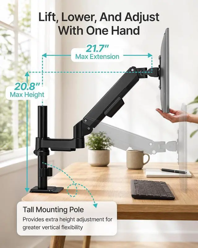 Alt view image 7 of 7 - Single Monitor Arm, 17-32 Inch Monitor Mount with Clamp and Grommet Base, Gas Spring Single Monitor Stand Holds up to 19.8 lbs, Full Motion Desk Mount with Cable Management for Home
