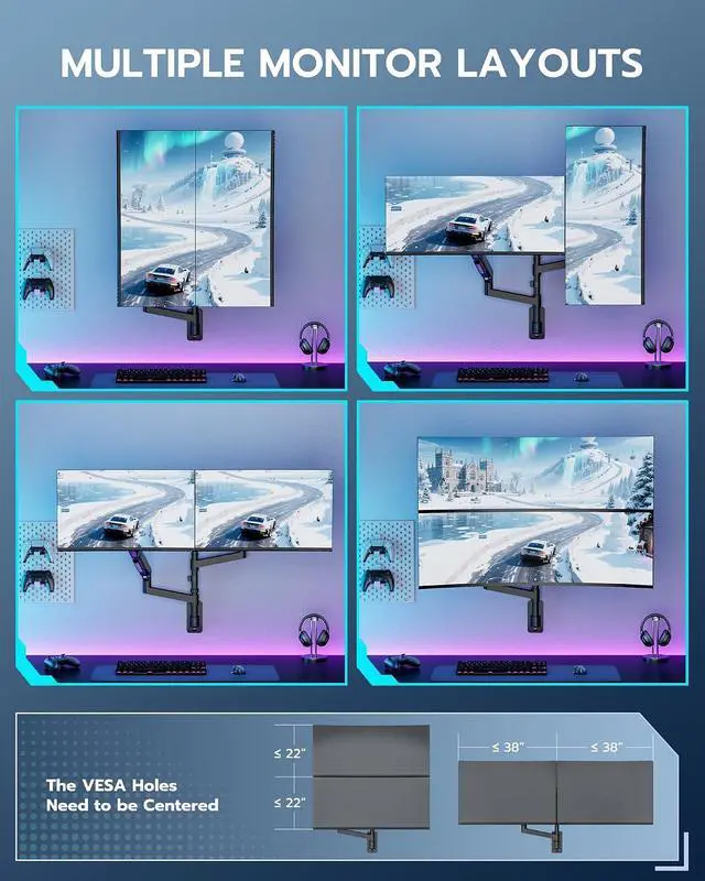 Alt view image 4 of 7 - Dual Monitor Wall Mount for 24-57 Inch Ultrawide Screens, Premium Heavy Duty Monitor Arm Holds 60 lbs, Full Motion Gas Spring, Bearing Head for Easy Adjustment, 75/100 VESA Mount, Black