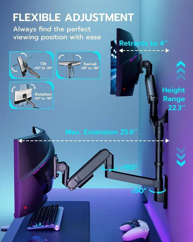 Alt view image 6 of 7 - Dual Monitor Wall Mount for 24-57 Inch Ultrawide Screens, Premium Heavy Duty Monitor Arm Holds 60 lbs, Full Motion Gas Spring, Bearing Head for Easy Adjustment, 75/100 VESA Mount, Black