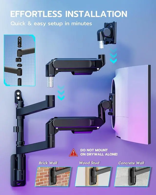 Alt view image 7 of 7 - Dual Monitor Wall Mount for 24-57 Inch Ultrawide Screens, Premium Heavy Duty Monitor Arm Holds 60 lbs, Full Motion Gas Spring, Bearing Head for Easy Adjustment, 75/100 VESA Mount, Black