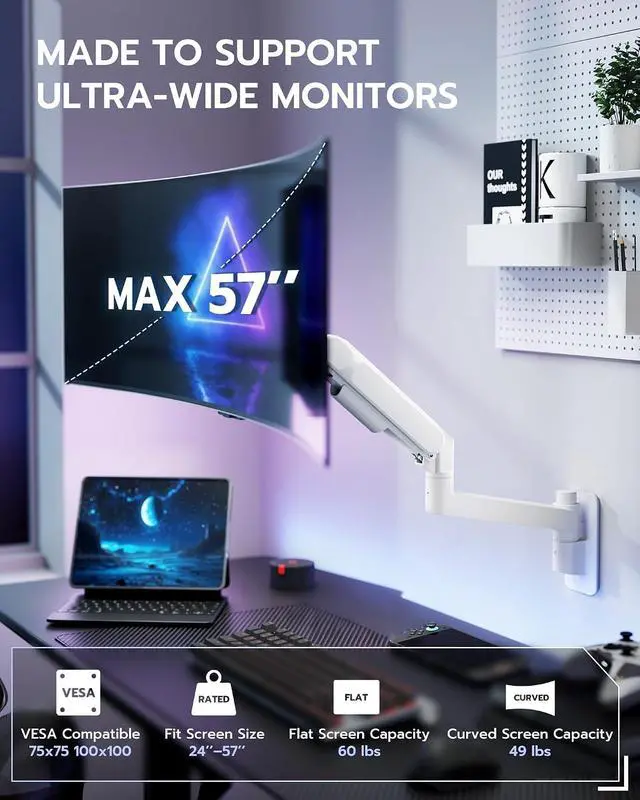 Alt view image 2 of 7 - Monitor Wall Mount for 24-57 Inch Ultrawide Gaming Screens, Premium Heavy Duty Monitor Arm Holds 60 lbs, Full Motion Gas Spring, Bearing Head for Easy Adjustment, 75/100 VESA Mount, White