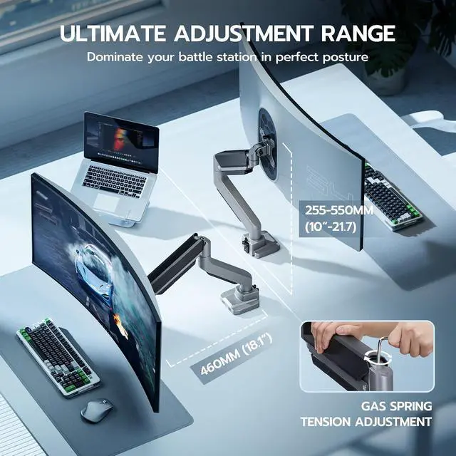 Alt view image 7 of 7 - Ultrawide Monitor Arm, Heavy Duty Single Monitor Mount for 13"-49" Curved Screens, Adjustable Stand for Desk with C-clamp & Grommet Base up to 40 LBS, Gray