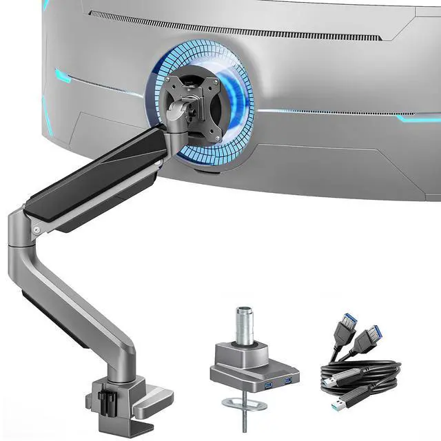 Main image of Single Monitor Arm, Heavy Duty Adjustable Monitor Arm for 13"-49" Screens with USB, Gas Spring Desk Mount Stand with C Clamp/Grommet Mounting Base up to 40lbs Computer, Gray