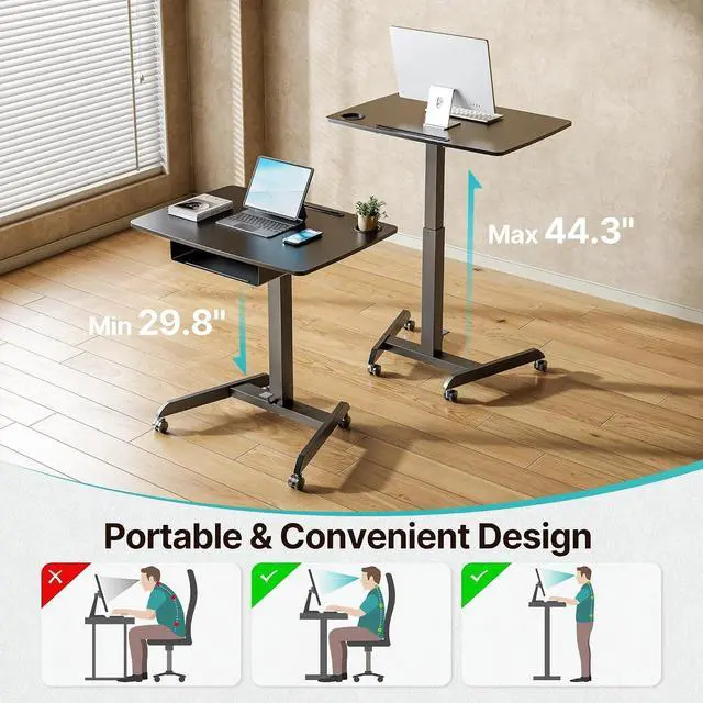 Alt view image 6 of 7 - Mobile Desk Workstation- 31.5' X 22' Extend Sanding Desk for Classroom, Height Adjsutable up to 44.3' Mobile Laptop Table with Wheels, Moveable Laptop Cart, Teacher Podium with Drawer, Black