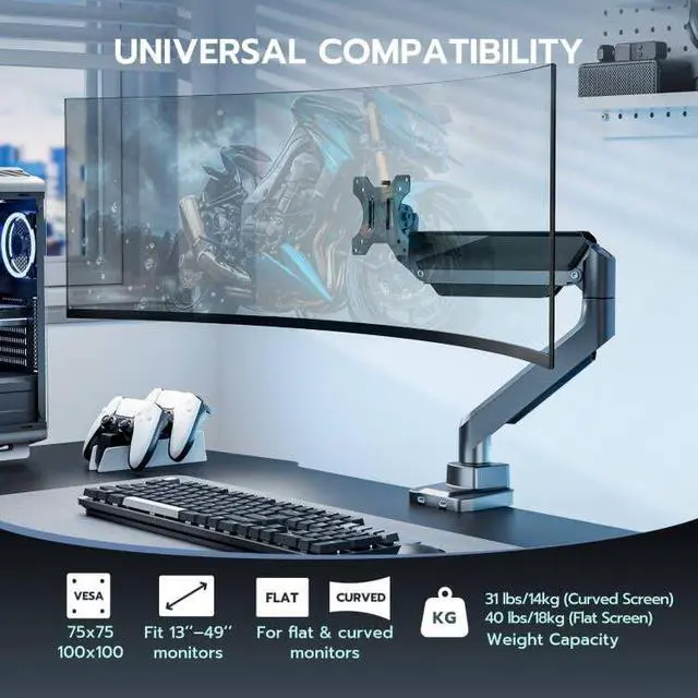 Alt view image 4 of 7 - Single Monitor Arm, Heavy Duty Adjustable Monitor Arm for 13"-49" Screens with USB, Gas Spring Desk Mount Stand with C Clamp/Grommet Mounting Base up to 40lbs Computer, Gray