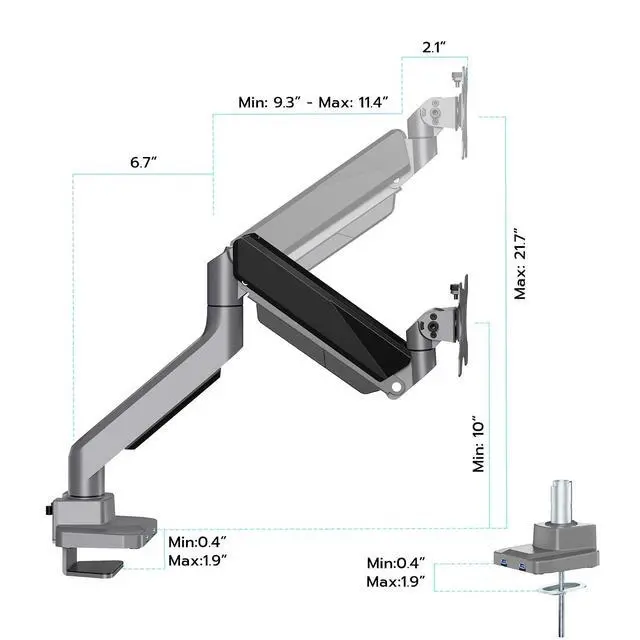 Alt view image 2 of 7 - Single Monitor Arm, Heavy Duty Adjustable Monitor Arm for 13"-49" Screens with USB, Gas Spring Desk Mount Stand with C Clamp/Grommet Mounting Base up to 40lbs Computer, Gray