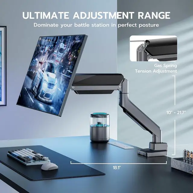 Alt view image 7 of 7 - Single Monitor Arm, Heavy Duty Adjustable Monitor Arm for 13"-49" Screens with USB, Gas Spring Desk Mount Stand with C Clamp/Grommet Mounting Base up to 40lbs Computer, Gray