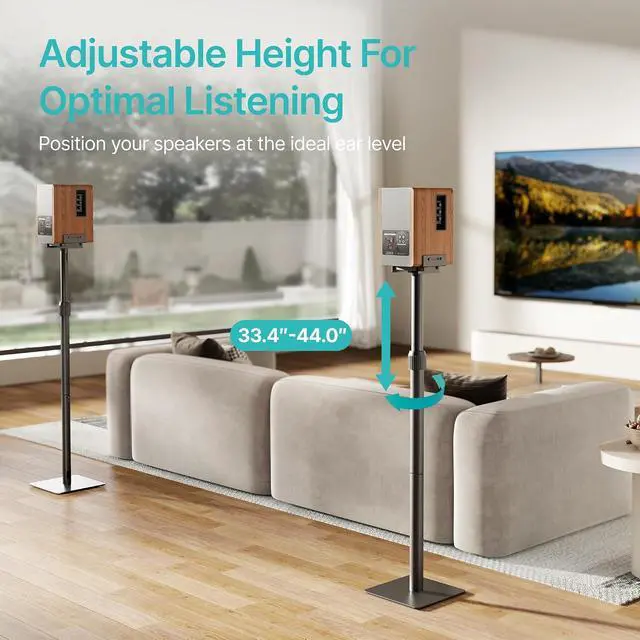 Alt view image 2 of 7 - Height-Adjustable Speaker Stands Pair, Black | Height Adjustable from 33.4" to 44", 11LBS Capacity, Surround Sound Speaker Stands, Cable Management, 1 Pair