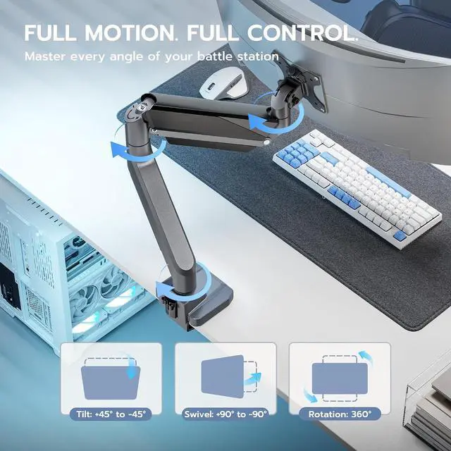 Alt view image 6 of 7 - Single Monitor Arm, Heavy Duty Adjustable Monitor Arm for 13"-49" Screens with USB, Gas Spring Desk Mount Stand with C Clamp/Grommet Mounting Base up to 40lbs Computer, Gray