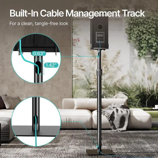 Alt view image 4 of 7 - Height-Adjustable Speaker Stands Pair, Black | Height Adjustable from 33.4" to 44", 11LBS Capacity, Surround Sound Speaker Stands, Cable Management, 1 Pair