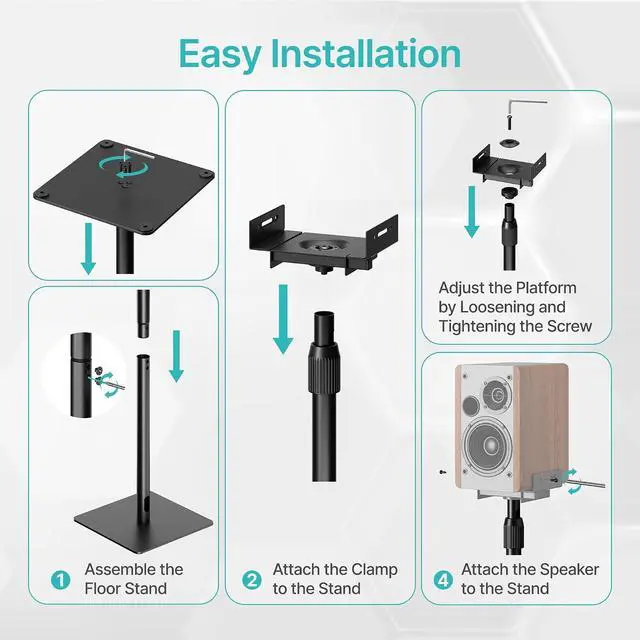 Alt view image 7 of 7 - Height-Adjustable Speaker Stands Pair, Black | Height Adjustable from 33.4" to 44", 11LBS Capacity, Surround Sound Speaker Stands, Cable Management, 1 Pair