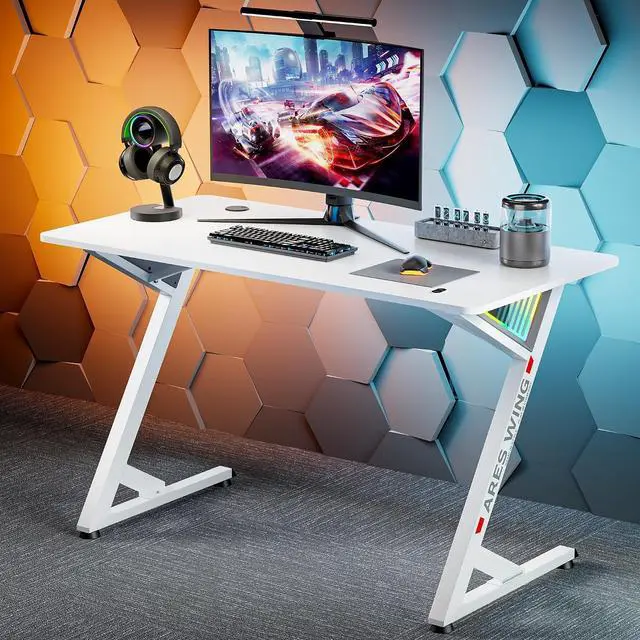 Main image of Gaming Desk RGB 47 Inch - Z Shaped Gaming Table with LED Light and DIY Control Cable, Computer Desks for Home and Office, White