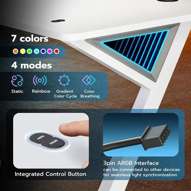 Alt view image 5 of 7 - Gaming Desk RGB 47 Inch - Z Shaped Gaming Table with LED Light and DIY Control Cable, Computer Desks for Home and Office, White