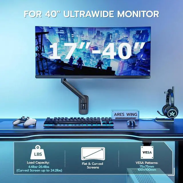 Alt view image 2 of 7 - Single Monitor Wall Mount for 17-40 Inch Ultrawide Screens, Heavy Duty Monitor Arm Up to 26.4 lbs, Fully Adjustable Wall Mount, VESA 75x75/100x100 Compatible, Black