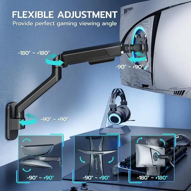 Alt view image 5 of 7 - Single Monitor Wall Mount for 17-40 Inch Ultrawide Screens, Heavy Duty Monitor Arm Up to 26.4 lbs, Fully Adjustable Wall Mount, VESA 75x75/100x100 Compatible, Black