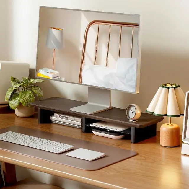 Main image of Dual Monitor Riser with Integrated Metal Shelf, Large Walnut Wooden Desk Shelf for 2 Monitors/TV, Monitor Stand Riser for Desk, Wood Monitor Stand Organizer for Home OfficeWide 31.5"