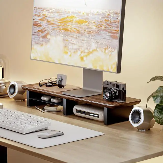 Alt view image 2 of 7 - Dual Monitor Riser with Integrated Metal Shelf, Large Walnut Wooden Desk Shelf for 2 Monitors/TV, Monitor Stand Riser for Desk, Wood Monitor Stand Organizer for Home OfficeWide 31.5"
