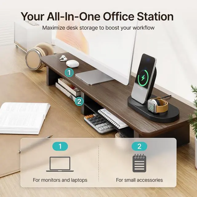 Alt view image 4 of 7 - Dual Monitor Riser with Integrated Metal Shelf, Large Walnut Wooden Desk Shelf for 2 Monitors/TV, Monitor Stand Riser for Desk, Wood Monitor Stand Organizer for Home OfficeWide 31.5"