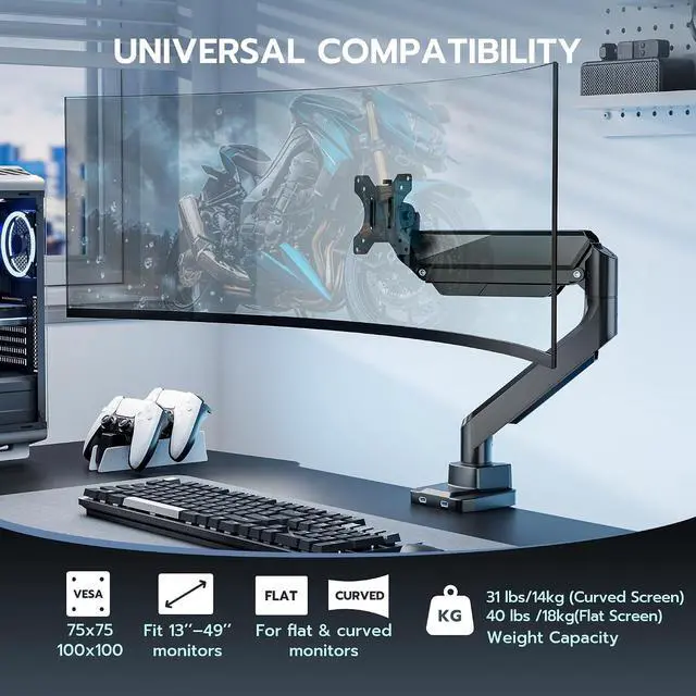 Alt view image 4 of 7 - Ultrawide Monitor Arm, Heavy Duty Single Monitor Mount for 13"-49" Curved Screens with USB, Adjustable Stand for Desk with C-clamp & Grommet Base up to 40 LBS, Black