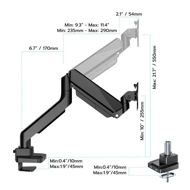 Alt view image 2 of 7 - Ultrawide Monitor Arm, Heavy Duty Single Monitor Mount for 13"-49" Curved Screens with USB, Adjustable Stand for Desk with C-clamp & Grommet Base up to 40 LBS, Black