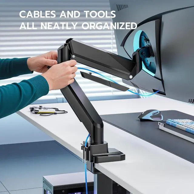 Alt view image 5 of 7 - Ultrawide Monitor Arm, Heavy Duty Single Monitor Mount for 13"-49" Curved Screens with USB, Adjustable Stand for Desk with C-clamp & Grommet Base up to 40 LBS, Black