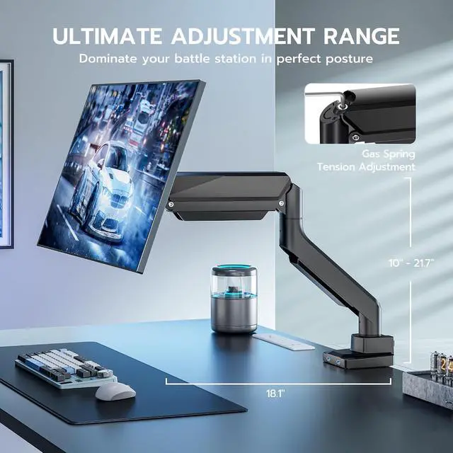 Alt view image 7 of 7 - Ultrawide Monitor Arm, Heavy Duty Single Monitor Mount for 13"-49" Curved Screens with USB, Adjustable Stand for Desk with C-clamp & Grommet Base up to 40 LBS, Black