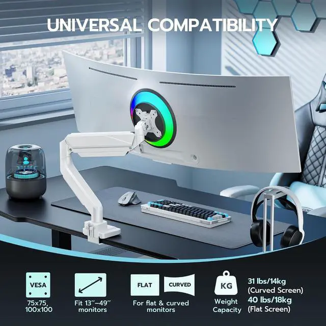 Alt view image 4 of 7 - Ultrawide Monitor Arm, Heavy Duty Single Monitor Mount for 13"-49" Curved Screens, Adjustable Stand for Desk with C-clamp & Grommet Base up to 40 LBS, White