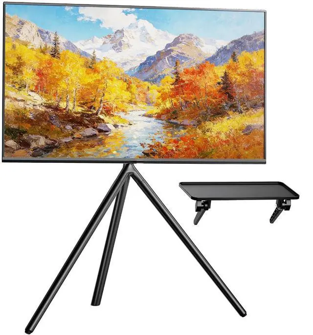 Main image of Minimalist Easel TV Stand for 45-65 inch Screen up to 88 lbs with Shelf, Swivel and Height Adjustable Tripod Stand for Insignia, Samsung, Roku TVs VESA Required Max 400 * 400 mm, Black