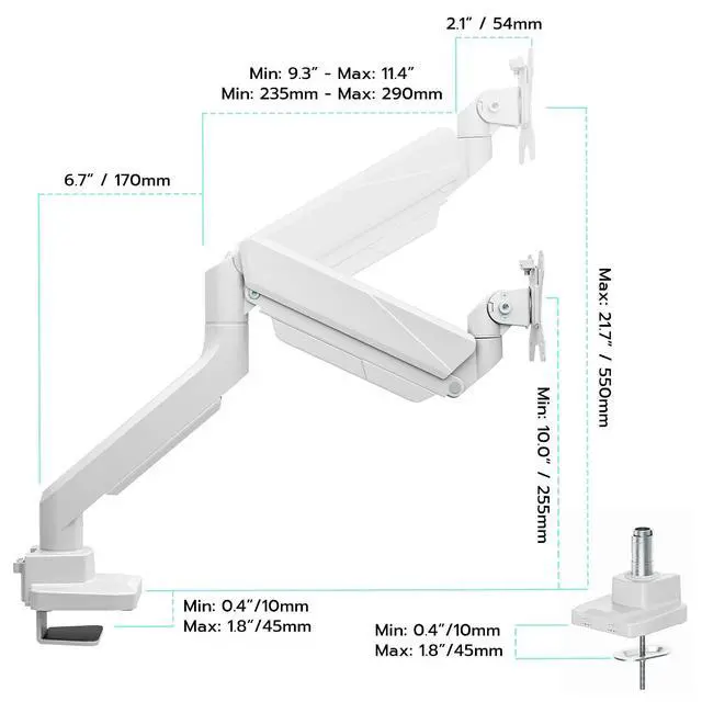 Alt view image 2 of 7 - Ultrawide Monitor Arm, Heavy Duty Single Monitor Mount for 13"-49" Curved Screens, Adjustable Stand for Desk with C-clamp & Grommet Base up to 40 LBS, White