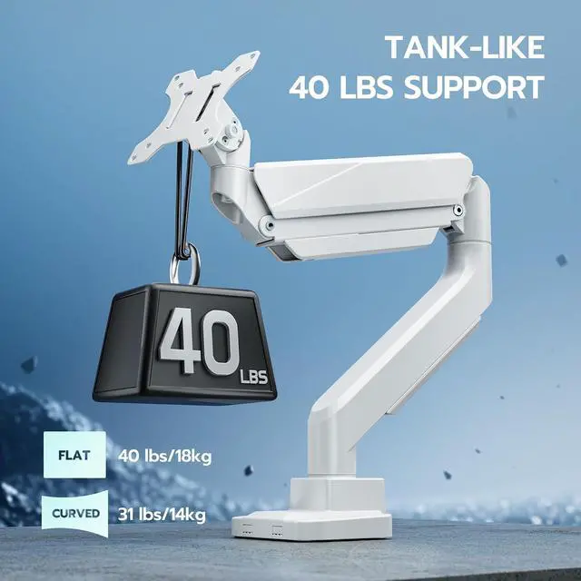 Alt view image 3 of 7 - Ultrawide Monitor Arm, Heavy Duty Single Monitor Mount for 13"-49" Curved Screens, Adjustable Stand for Desk with C-clamp & Grommet Base up to 40 LBS, White