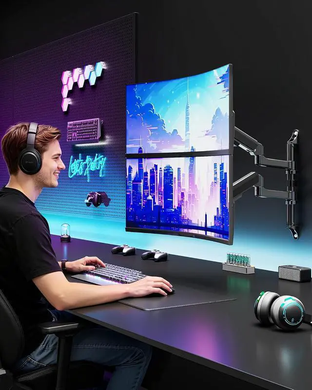 Alt view image 7 of 7 - Vertical Dual Monitor Wall Mount for 17-40 Inch Ultrawide Screens, Heavy Duty Monitor Arm Up to 26.4 lbs, Fully Adjustable Wall Mount, VESA 75x75/100x100 Compatible, Black