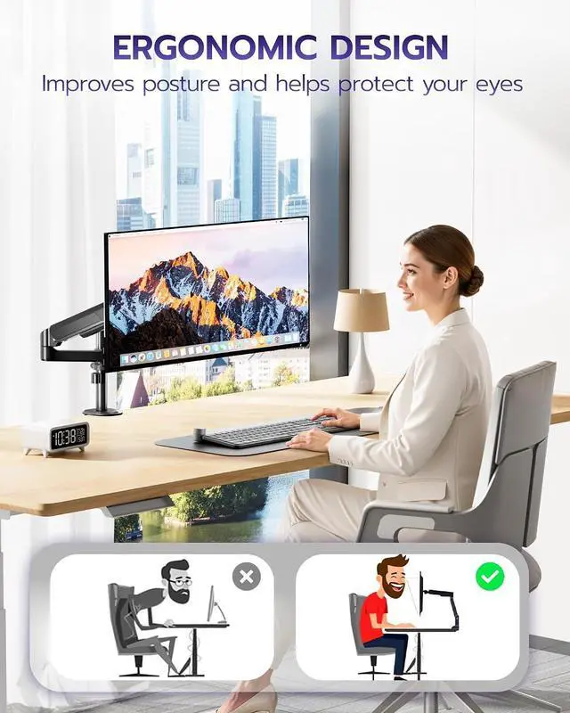 Alt view image 6 of 7 - Single Monitor Mount - Ultrawide Monitor Arm for 40 34 32 27 Inch Heavy Duty Curved Screen Up to 26.4 lbs with Clamp/Grommet Desk Mount, 75/100 Vesa Mount, Black